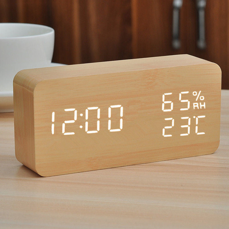 Electronic Alarm Clock Multifunctional Digital Display Temperature And Humidity Time Wood